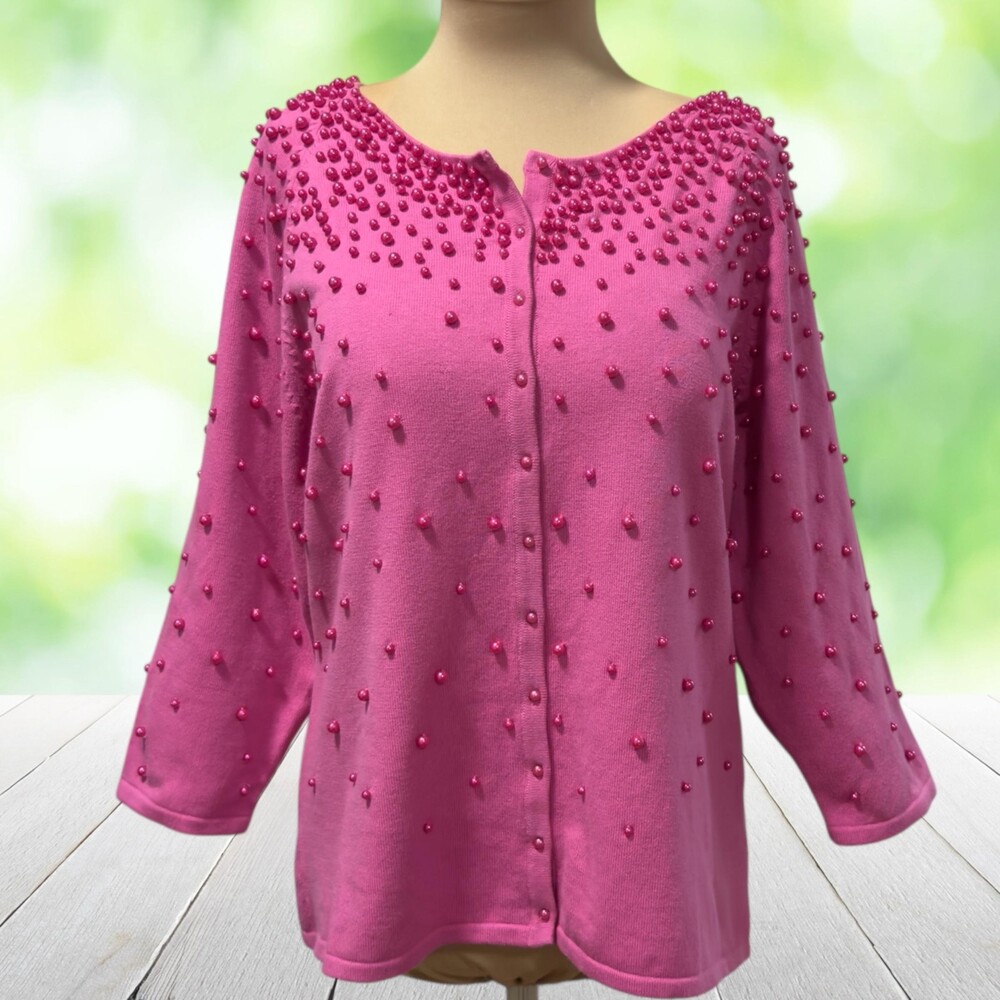 Vintage 90s Pearl Beaded Cardigan Sweater Coquette Glam Pink Hong Kong Size L